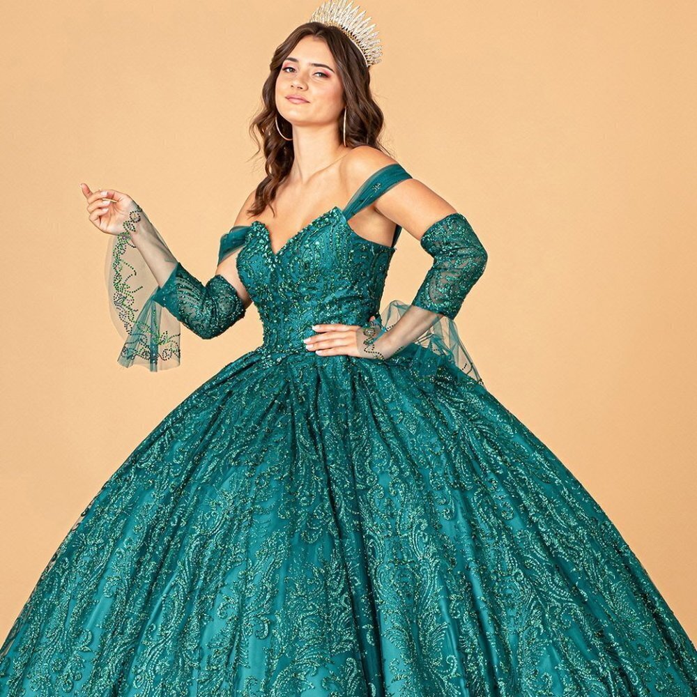 NEW EMERALD STRAPS JEWEL MESH QUINCEANERA DRESS SEPARATE SLEEVES GOWN GL3073